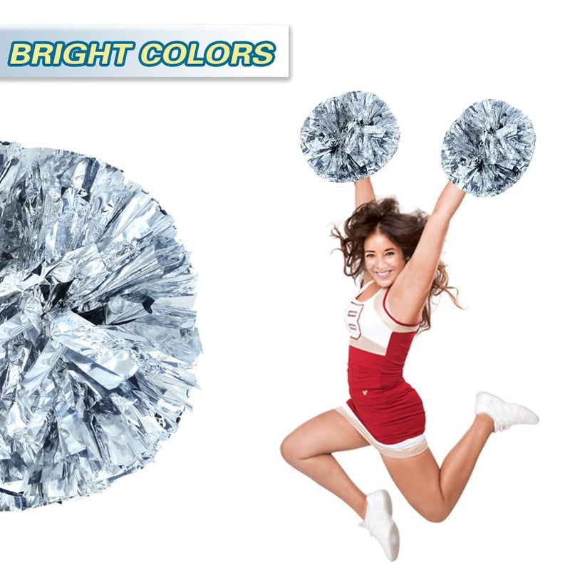 Lovecheer 2PCS Silver Pom Poms Cheerleading Metallic Cheer Pom Poms with Baton Handle for Sports Team Spirit Party Cheering - Image 3
